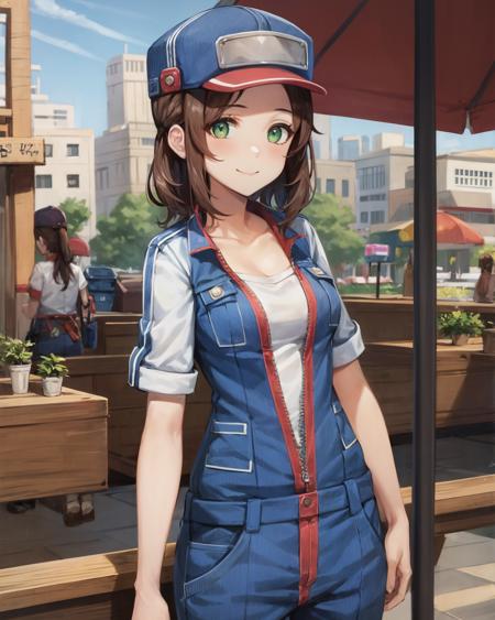 best quality, (masterpiece:1.2), illustration, absurdres,
(1girl), (solo), (beautiful detailed girl),
<lora:Wendy:0.8>, Wendy, brown hair, medium hair, green eyes, small breasts,
blue overalls, open clothes, open overalls, white tshirt, engineer, mechanic, tools,
blue hat, blue and red headwear,
inside middle eastern town, middle east, bazaar, cobblestone street,  sky, sun, day,, __ shot__, looking at viewer, smile