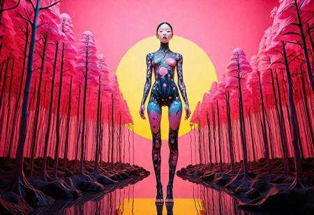 A surrealistic fusion of Reuben Wu's ethereal landscapes with Nick Knight's hyper-realistic models. A Synthetic forest of barcode trees, where creatures with Taro Okamoto's biomechanical limbs frolic and play. The sun sets in vibrant, electric hues, casting long, synthetic shadows that distort the Sharp Focus images of the models. In the distance, a satellite hovers, projecting old school designs onto the landscape, OverallDetail