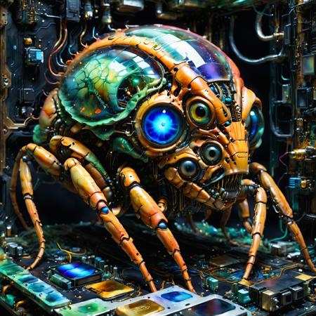 centipede made out of electronics and pc parts, mainboard, gpu, cpu, circuit, electronic resistor, condesator, whimsical photorealism, amazing depth, fantasy concept art, impressionist watercolor paint by Geoffroy Thoorens, James Christensen,  Russ Mills, intricate, cinematic lighting, highly detailed, smooth, sharp focus, perfect balanced style, amazing depth, complementary colors, sci-fi style, hyperdetailed, dark light, sinister masterwork by head of prompt engineering  <lora:SDXLFaeTastic2400:0.8>  <lora:hyperkraximalism_v1-1:0.6>