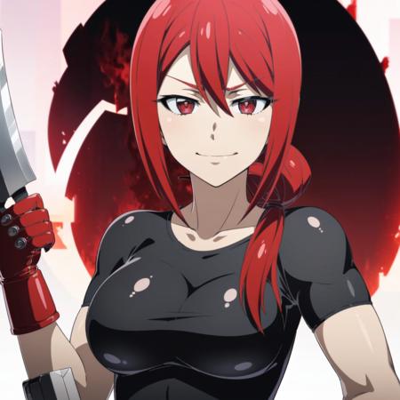 <lora:Akane Hiyama:0.7> Akane Hiyama, ((1girl, red hair, solo, detailed red eyes, long hair, weapon, breasts, holding, medium breasts, shaded face, knife, dual wielding, smirk)), ((closed mouth)), ((short sleeve, black leggings, red belt, big eyes, upper body, face focus, muscle, slim body, looking at viewer, long black gloves, red bracer)), ((Extremely Detailed, 4k, Masterpiece, Ultra Quality))