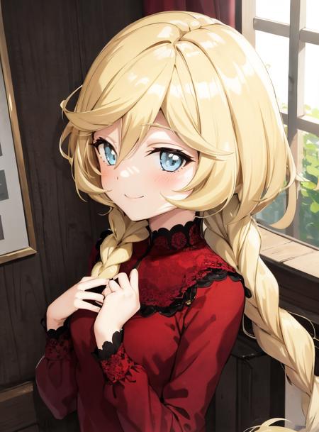 1girl, blonde hair, absurdly long braided ponytail, red dress, window, upper body,  portrait, light smile,