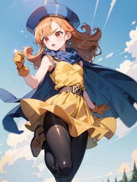 1girl,solo,dq4-alena,black pantyhose,blue cape,blue headwear,boots,curly hair,earrings,long hair,orange gloves,orange hair,red eyes,sleeveless,yellow dress,yellow skirt,dynamic pose,small breasts,(shiny,shiny dress:1.1)<lora:dq4-alena:1>jumping,v-shaped eyebrows,fine weather, (masterpiece), (best quality), (ultra-detailed), intricate detail,, (masterpiece), (best quality), (ultra-detailed), intricate detail,