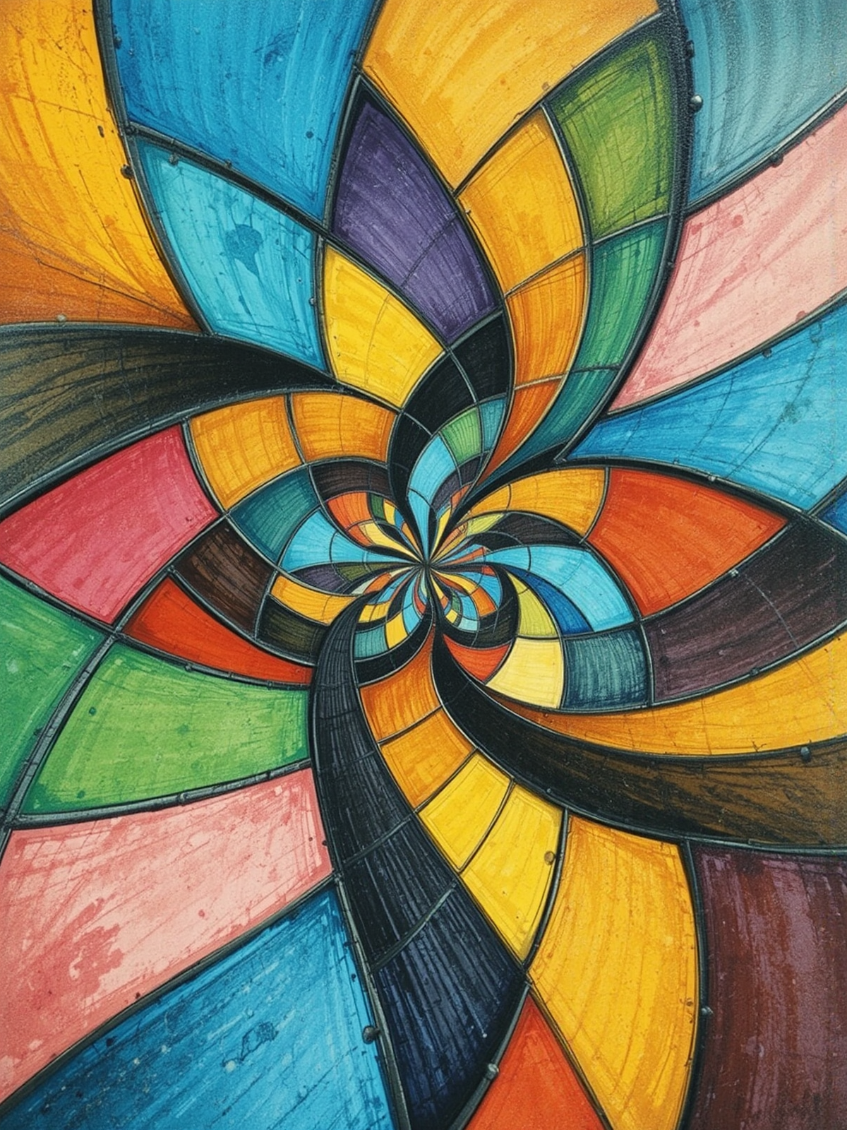 A vibrant and intricate abstract artwork featuring a swirling, kaleidoscopic pattern. The design consists of numerous geometric shapes, arranged in a spiral formation that converges towards the center. The shapes are filled with a variety of bright and bold colors, including shades of blue, yellow, orange, red, green, and purple. 