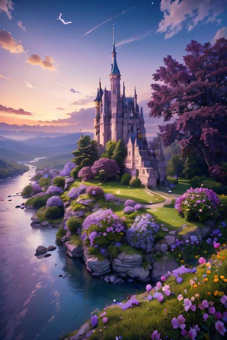 (Realistic:1.5) EdobFairyTaleLandscape, purple flower, no humans, rock, watermark, bird, cliff, tower, plant, river, night, <lora:EdobFairyTaleLandscape_v1.0:0.8>