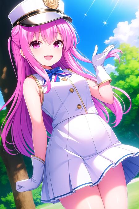 (masterpiece, best quality), highly detailed background, perfect lightingbest quality, kagamimatsuri, solo, outdoors, shako cap, white headwear, pink hair, hair bow, red bow, two side up, very long hair, long hair, pink eyes, white dress, sleeveless shirt, white shirt, <lora:GoodHands-vanilla:1>, white gloves, white skirt, blue skirt, miniskirt, striped socks, band uniform, smile, open mouth, :d, pink lips, <lora:Kagami-Matsuri:0.7>