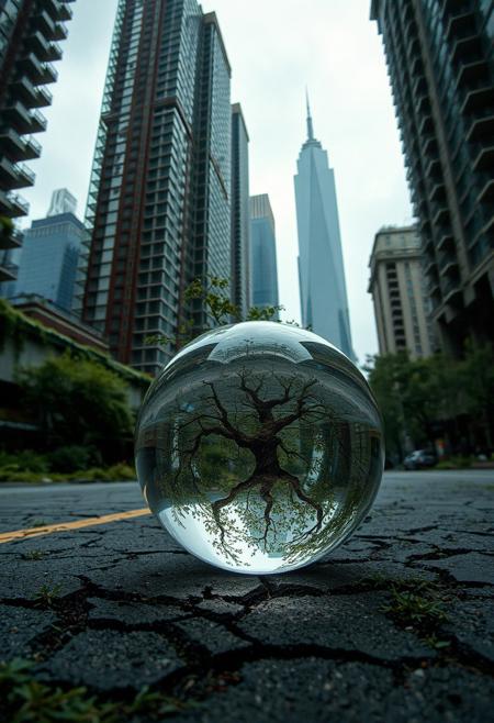 cinematic photo a post apocalyptic city,fallen skyscrapers, (windows are all broken:1.7), rusted rebar sticks from the fallen towers
everything is overgrown with moss and grass
trees are breaking through the cracked and broken tarmac of the roads, trees in the middle of the streets
worms eye view through a glass ball lying on the road, 35mm photograph, film, professional, 4k, highly detailed