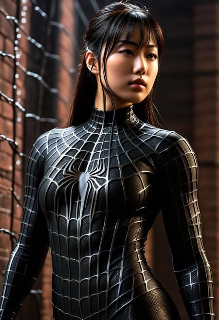score_9, score_8_up, score_7_up, best quality, realistic, masterpiece, beautiful detail, hyperrealistic, woman ((1girl, woman body, big breasts)), amazing detailed full body portrait of a beautiful japanese girl, wearing a realistic and highly detailed black raimi spider-man suit, ((huge muscular girl)), from side, professional model wears ultra - detailed black raimi spider - man suit, ultra - detailed and grained black raimi spiderman suit, suit covered entire body and hand, black spiderman gloves, wet, (hanging on a web), (full body), (dirty skin), close up, octane render, highly detailed, volumetric, dramatic lighting, (highest quality:1.1), (HDR:1.3), (top quality, best quality), realistic, high definition,