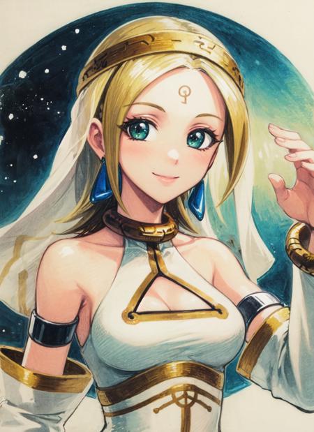 finasa forehead mark, circlet, earrings, veil, white dress, cleavage cutout, armlet, detached sleeves, white pantyhose, boots, white footwear, side slit green eyes