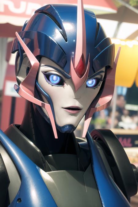 (masterpiece, best quality:1.2),   <lora:arcee_(transformers_prime):1>, arcee (transformers prime), 1girl, mecha, solo, robot, breasts, blue eyes, autobot, no humans, blue lips, science fiction, glowing, close-up, outdoor market, fruits, vibrant colors, curiosity