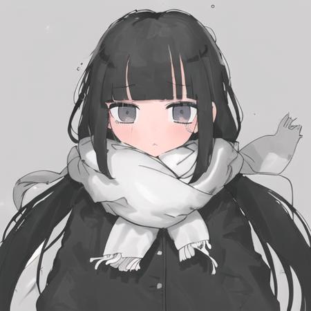 os, 1girl, expressionless, bangs, blunt_bangs, black_eyes, black_hair, blush, breath, cloud, long_hair, looking_at_viewer, white_scarf, solo, steam, water_drop, multicolored_hair, streaked_hair, green_hair, overcast, grayscale