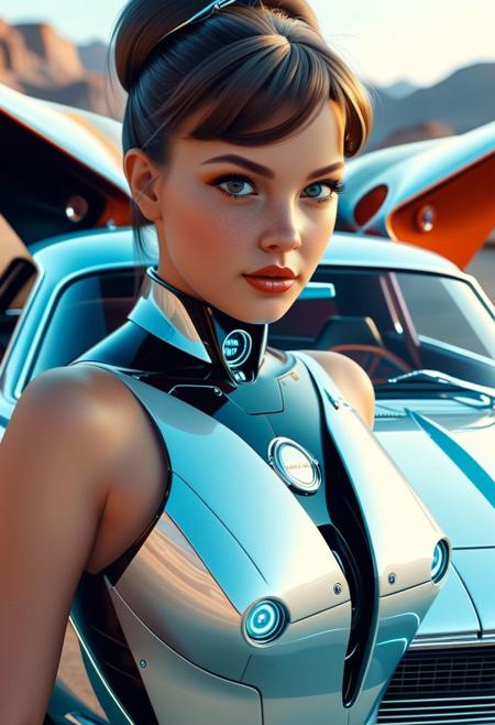 Futuristic electric super car, retro 1960-style  futuristic, girl pinup model standing next to car, masterpiece, 8k,absurdres, intricate details, focus on girl's face, (car's shapes continue behind girl),
close to viewer, upper body picture, 
beautypinupart, 1girl, futuristic car,