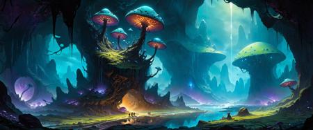 <lora:add-detail-xl:2.0> <lora:xl_more_art-full-xl:0.6> <lora:style-noah_bradley-xl-by_kappa_neuro:1.0> <loractl:envybetterhiresfixxl01-xl:0.0:hr=1.0> noah bradley style, famous artwork by (stephan martiniere:1.2), chiaroscuro, ultra detailed, primal, primeval, an otherworldly underground cavern with (bizarre glowing fungi and wondrous mineral and crystal formations:1.36), a narrow underground river crosses the cavern, dark shadows, exoplanet, scifi art, bioluminescence art, teal, blue, green, purple