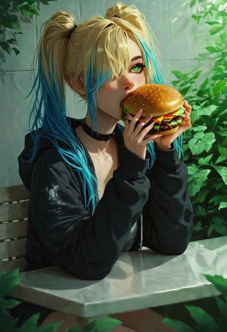core_9, score_8_up, score_7_up,score_6_up, 1dk, bright colours, rating_safe, style_comic, woman eating a burger in a diner. 1girl, solo, green eyes, two toned hair, blonde hair, blue hair, twintails, hair over one eye, bangs, long oversized hoodie, black choker, bare legs, tiny medium breasts. restaurant background. neon signs.