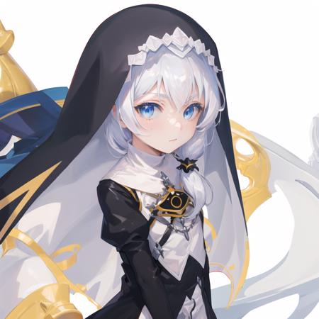 (masterpiece:1.2), (best quality:1.3), valkyrie_pledge, 1girl, blue_eyes, white_hair, flat_chess, black_dress, nun, veil, <lora:valkyrie_pledge_v4:1>