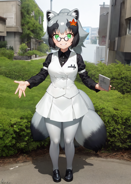 1girl, solo, danzaburou-danuki, grey hair, multicolored hair, high ponytail, green eyes, glasses, raccoon ears, raccoon tail, leaf hair ornament, white vest, long sleeves, white skirt, (gray pantyhose), standing, looking at viewer, smile, outdoors <lora:danzaburoudanuki:1>