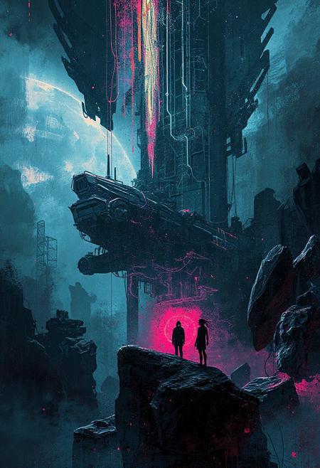 Art by Ismail Inceoglu, liminal space, Synthesis, Phase Twist, pain, Saw, Fourier, Bekeshi and Hole, mechanical and organic background, contrast of light and dark, surreal atmosphere. spaceship, cosmic woman, outer space, Sci-fi Environments,cyberpunk, cable