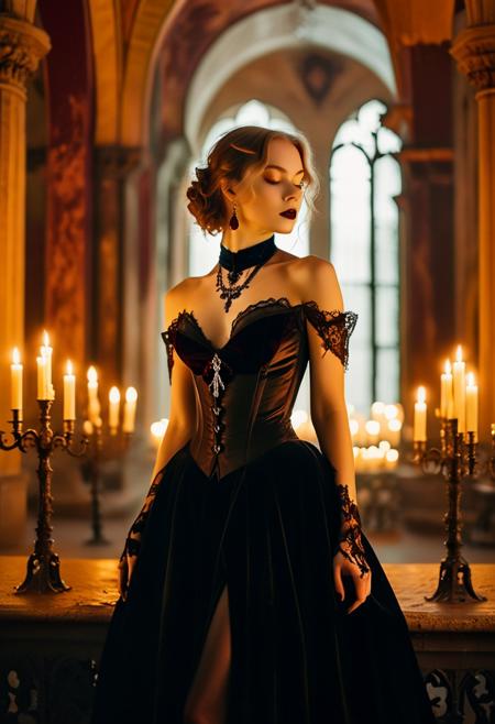 upper body, front view, warm tones
by Pablo lobato
Surreal Glow, Dreamlike Tranquility, Luminous Contrast, Stylized image with sharp lines and flat colors.
1 girl, solo, 20 years, slim build, huge round breasts, slim thighs/
Standing in the dim candlelight of a grand gothic ballroom, she wears a fitted black corset with lace details, a deep neckline accentuating her collarbone, her long black velvet skirt trailing behind, hair styled in loose curls adorned with a dark crimson rose, sheer lace gloves covering her hands, a delicate choker with a small pendant resting on her neck, dark lipstick adding a bold contrast to her pale skin, surrounded by stone arches and elaborate candelabras casting faint shadows.