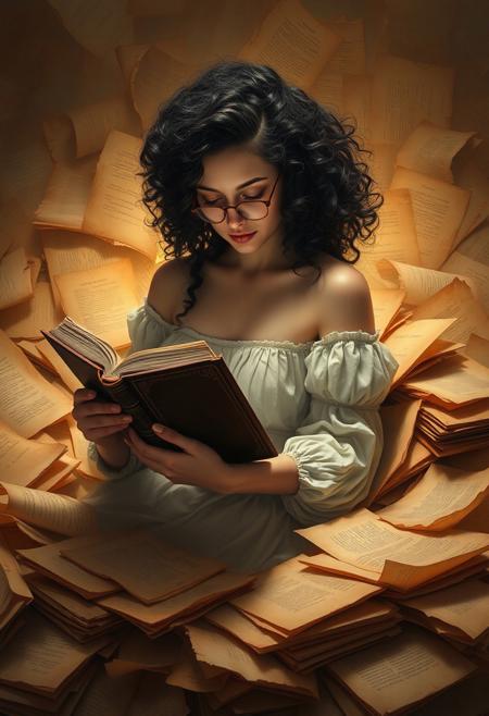 mythp0rt,Midjourney_Whisper, A young woman with porcelain skin and voluminous, raven-hued curls sits serenely amidst a sea of antique parchment, engrossed in a leather-bound tome. Her pose, reminiscent of classical portraiture, is one of quiet contemplation, bathed in the lambent glow of an unseen celestial body. Capture the scene from a slightly elevated perspective, emphasizing the sheer volume of aged paper surrounding her, each sheet imbued with its own untold narrative. The color palette should evoke a sense of nostalgic melancholy, with muted ochres, sepia tones, and the ethereal luminescence of timeworn paper. Focus on conveying the tangible weight of history and knowledge enveloping her, hinting at the boundless worlds contained within both the written word and the depths of her own imagination.