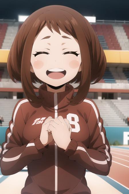 ochaco_uraraka, 1girl, closed_eyes, smile, solo, open_mouth, blush_stickers, clenched_hands, blush, jacket, upper_body, stadium, teeth, track_jacket, :d, breasts, blurry_background, blurry, facing_viewer, ^_^, happy, track_suit, long_sleeves, sportswear, outdoors, upper_teeth_only, wristband, depth_of_field, day, blue_jacket, indoors