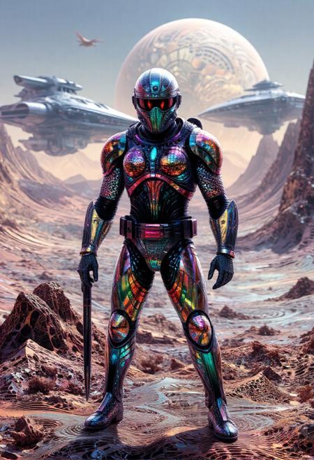 A soldier in high-tech armor standing on an alien battlefield, made out of fractangles, with massive starships in the background.