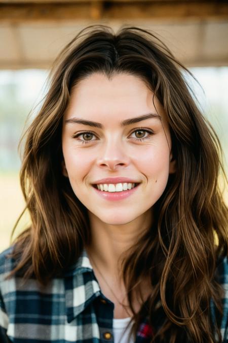 RAW photo of (bomaerten_v2c:0.99), closeup portrait, smile, happy, (plaid flannel shirt with distressed boyfriend jeans), (analog, film, film grain:1.3)