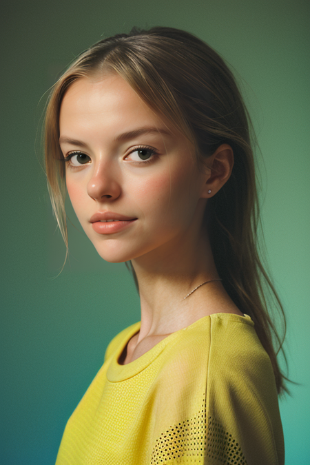 FloorBrinkman, Century Camera Co. Studio, 160mm f/8, 1/10s, ISO 25, ((tintype, portrait, full color, bold color, yellow, green, gradient)), blouse, ((geometric halftone background))