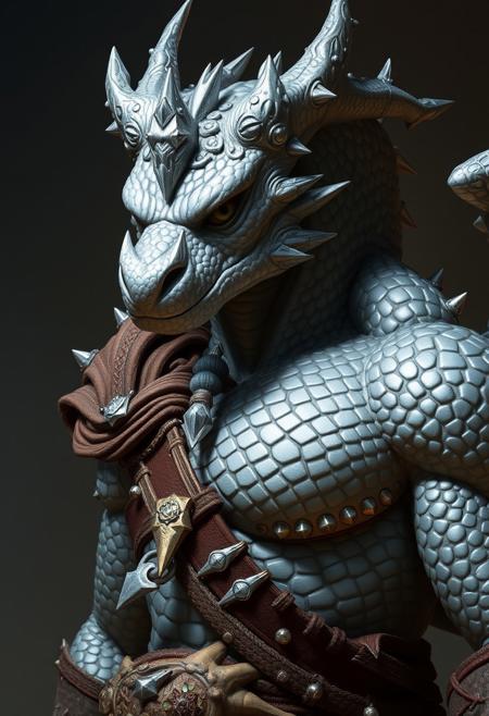 Male dragonborn, silver scales, crystals growing out of his body, barbarian clothing, buff