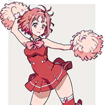 Noredo_Nug, 1girl, short hair, red dress, solo, short hair, hair ornament, pink hair, red boots, white bow, sleeveless, pink eyes, knee boots, cheerleader,forehead jewel,frill