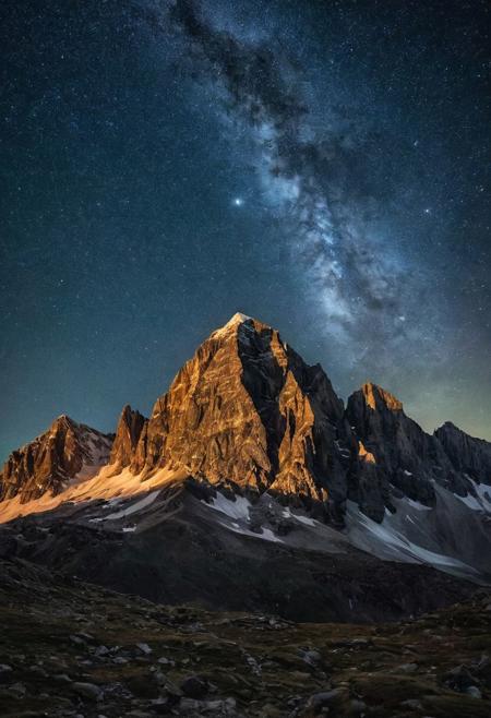 Imagine a breathtaking image of layered mountains, their rugged peaks stretching towards the sky like giants. Above, a star-studded canvas of night sky twinkles, with a small half moon glowing like a silver crescent. The mountains themselves are bathed in a soft, ethereal light, as if the stars have descended to illuminate the landscape. Shot on a Nikon D850 with a 24mm f/1.4 lens, this image should possess a sense of grandeur and wonder.
