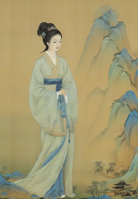 a skirt with <lora:qili-sdxl_v1-000010:0.8>,solo,SongQiLi,antiquities,chinese style,1girl with  a slender (or slim) figure in the tang and song dynasties,Graceful poses,delicate attire,serene expressions,cultural richness,timeless charm,black hair,hair ornament, closes eyes,woman in chinese painting,softly luminous,depictions ofaristocracy,Meticulous painting, <lora:ladies-illustration_xl_v5-000010:0.6>