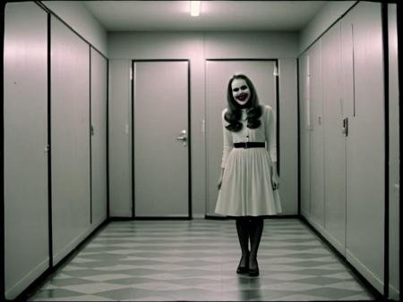 sksliminal:1.2, the backrooms,((((the further)))) creepy girl with an ((((impossibly large evil smile)))) looking seductive but dangerous, super 8 film, vintage camera, found footage, glitch


