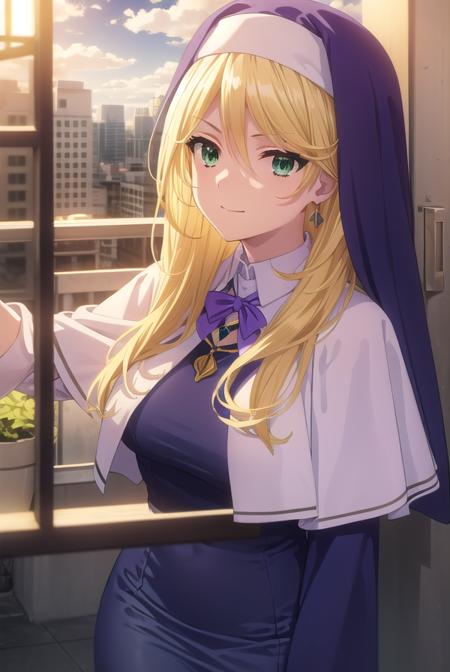 sharonholygrail, <lora:sharon holygrail s1-lora-nochekaiser:1>,
sharon holygrail, long hair, blonde hair, hair between eyes, (green eyes:1.3), smirk
BREAK bow, jewelry, earrings, bowtie, necklace, purple bow, nun, habit, purple bowtie, capelet, white capelet,
BREAK outdoors, city, sky, sun, clouds, crowd, people, 
BREAK looking at viewer, (cowboy shot:1.5),
BREAK <lyco:GoodHands-beta2:1>, (masterpiece:1.2), best quality, high resolution, unity 8k wallpaper, (illustration:0.8), (beautiful detailed eyes:1.6), extremely detailed face, perfect lighting, extremely detailed CG, (perfect hands, perfect anatomy),