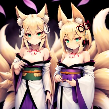 blonde catgirl whiteand purple kimono <lora:Tamamo:1> green eyes