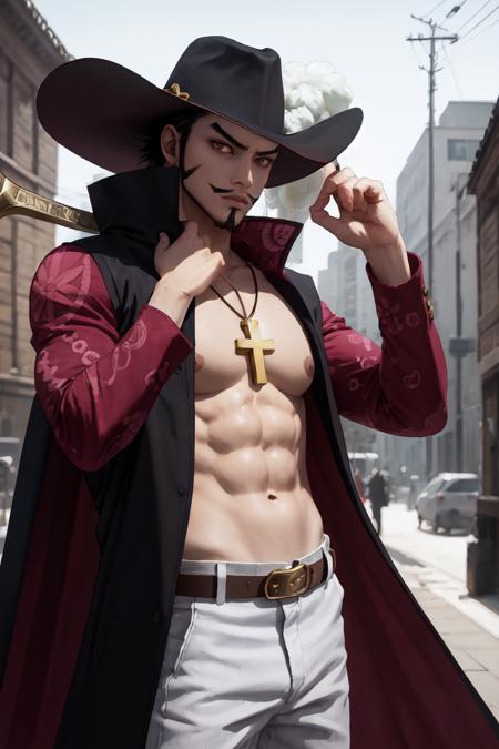 masterpiece, best quality, highres, <lora:ANIME_OP_dracule_mihawk_ownwaifu:0.8>, scenery, 
ANIME_OP_dracule_mihawk_ownwaifu,www.ownwaifu.com,1boy,hat,facial hair,jewelry,beard,necklace,abs,black hair,yellow eyes,belt,mustache,coat,muscular,pants,pectorals,open clothes,cross,goatee,pirate hat,cross necklace,long sideburns,sideburns,cape,open coat,bare pectorals,short hair,black headwear,pendant,spiked hair,manly,toned,fur trim,stubble,latin cross,long coat,navel,jacket,open_jacket,topless male,hat_feather,white_pants,thick_eyebrows, yoru_(sword), holding sword,