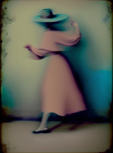 sarah moon long exposure  photorealism   vintage photo a woman in a dress and hat pastel color