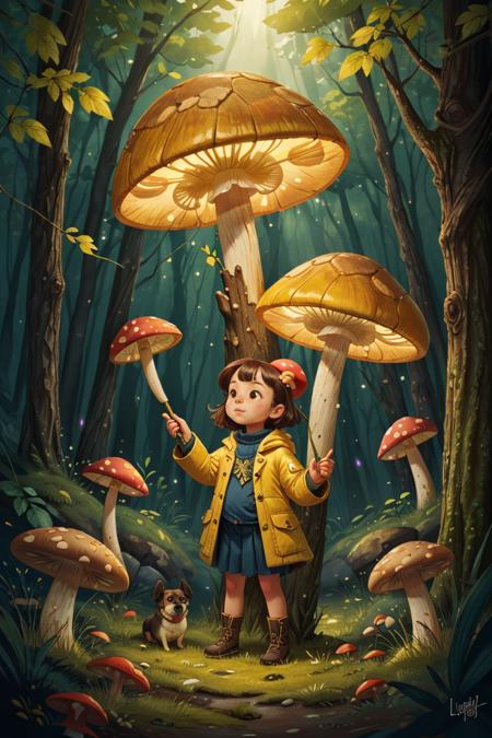 forest, luminescence mushroom ,  1girl,(yellow coat:1.1) ,fat dog,masterpiece, best quality, fantasy,<lyco:GoodHands-beta2:0.5> ,unique composition