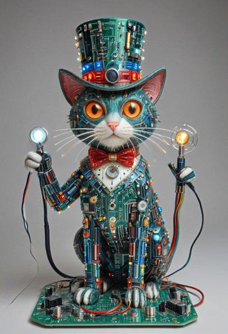 embedding:lazmpos, Transistors, pcb_style, LED, colorful LED lights, RGB lights, red green and blue cat, art deco, top hat, cane, monocle,RetroBG