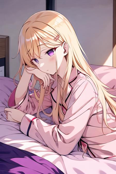 Saki, blonde hair, hairpin, (tied hair),  pink pyjama, (pyjama), tired, laying in the bed, listen music, head phones, purple eyes, (low brightness)",