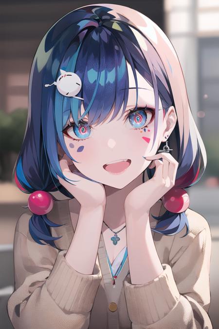 (masterpiece, best quality:1.2), <lora:style_ramdayo-20:1>, upper body, solo, 1girl, facial mark, \:d, looking at viewer, hands on own face, multicolored hair, blue hair, red hair, twintails, hairpin, hair ornament, multicolored eyes, glowing eyes, bright pupils, cardigan, jewelry, pendant, earrings