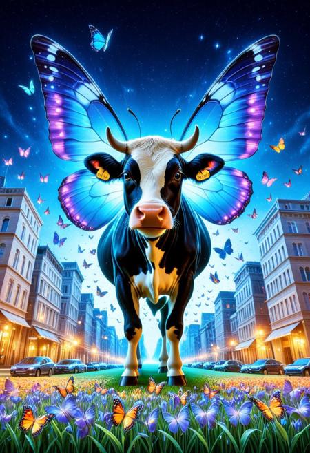 masterpiece, best quality, very aesthetic, absurdres,(score_9, score_8_up, score_7_up),butterflyStyle, epic background, nightsky cityscape landscapes with buildings and butterfly, a cow covered in butterfly, glowing eyes, vivid eye color, (beautiful eyes:1.2), (gradient iris, crisp iris edges), confident pose, action dynamic pose,