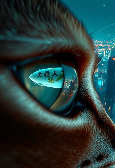 extreme close up portrait of a cat's eye reflecting the a futuristic Tokyo skyline at night from a very high level, the skyline is with futuristic skyscrapers and futuristic transports and futuristic aircraft and spaceships in a variety shapes and sizes, the airships covered with lights and advertisements in Japanese,  reflecting in the cat's eye is a huge airship that has an advertisement with a Japanese cat on the side, the cat's eye has takes up 85% of the image