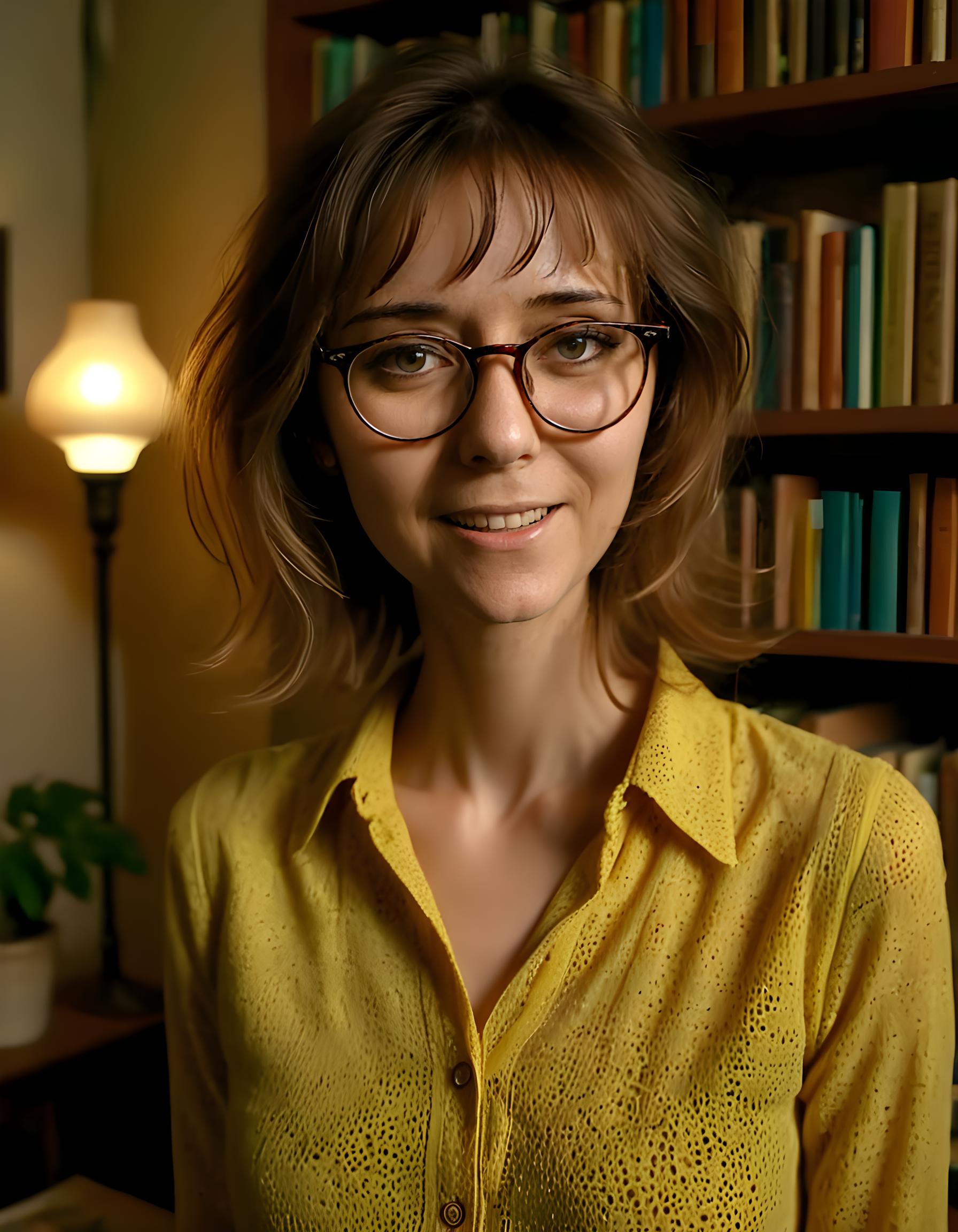 In a dimly lit, vintage-styled interior adorned with eclectic art and bookshelves, the subject, Jul14n4c, a woman of striking beauty, stands solo center-frame in an ethereal, slightly blurred focus. She dons a one-of-a-kind outfit _ a radiant yellow shirt featuring intricate, abstract patterns that seem to dance in the dim light. Her glasses with a subtle cat-eye frame rest precariously on her nose as she gazes intently at the viewer with an inviting, heartwarming smile that illuminates her face, casting soft shadows across her delicate features and highlighting the unique textures of her skin, creating a captivating, intimate atmosphere that draws one into her world.