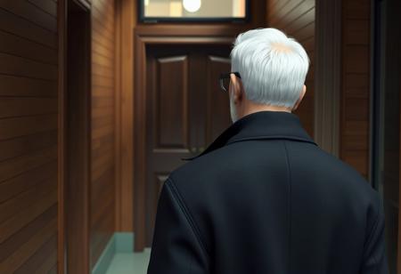 A highly detailed, realistic 3D digital illustration style, view of the back of an old writer exiting his home, going outside, the front door is in front of him. He's wearing black trenchcoat. The writer's short white hair is combed back, slightly receding hairline. From the side are visible his short white sideburns and beard,  his chiseled, narrow face with a strong jawline and prominent cheekbones, and his black round glasses. The walls of his hallway are covered in wood, the concrete painted light green.