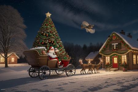 Steampunk style, realistic photo, winter landscape, small village, evening, night time, (santa claus flying++ with sleight over village)++, 12 reindeers in front of sleight, steampunk sleight, focus on sleight, brass machine parts, steam gauges, santa claus sitting in sleight, side view