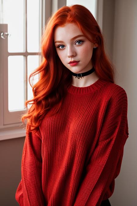 raw photo, (18yo redhead girl:1.2), makeup, graphic eyeliner, rouge, (choker:0.9), realistic skin texture, oversize knit sweater, (red:0.8), softcore, warm lighting, cosy atmosphere, instagram style