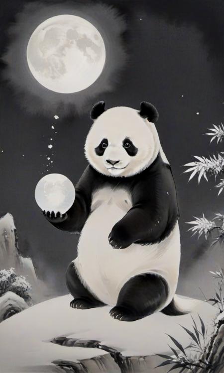 8k, masterpiece, best quality, 2D, traditional chinese ink painting,
ink,  <lora:watercolor-ink-sketch-v1:0.4>, looking at viewer, 
1 white panda with big white tail, playing a white snow ball, smile,
background is black night sky, moon in the  night sky,