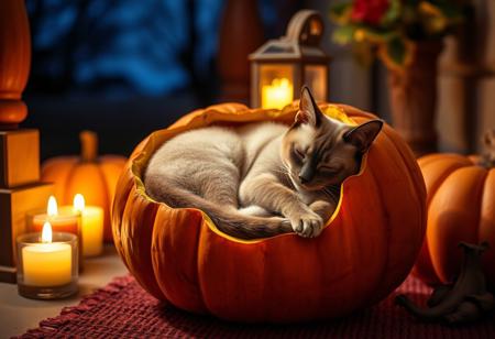 Professional photo of a cute Siamese cat, sleeping curled up inside a hollow pumpkin that sits on a porch. The scene is cozy at night, warmly illuminated by candles..