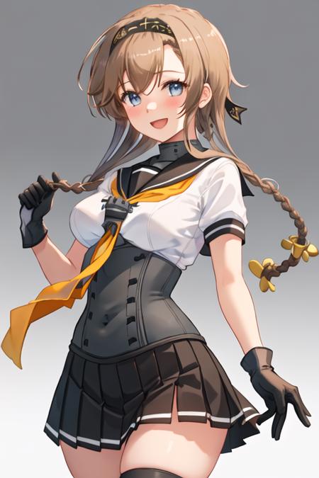 best quality, masterpiece, highres, solo, {teruzuki_kantaicollection:1.15}, long_hair, braid, twin_braids, headband, light_brown_hair, hair_ornament, brown_hair, propeller_hair_ornament, blue_eyes, breasts, blush, open_mouth, hachimaki, serafuku, grey_eyes, black_headband, smile, hairband, 1girl, black_sailor_collar, black_skirt, clothes_writing, gloves, neckerchief, sailor_collar, school_uniform, skirt, yellow_neckerchief, corset, multicolored_gloves, simple_background, white_background, looking_at_viewer, pleated_skirt, white_gloves