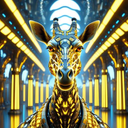 DonMX3n0T3chXL, a cyber giraffe, masterpiece, best quality, highly detailed, sharp focus, dynamic lighting