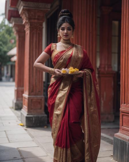 Bengali Style White and Red Saree Holding Ritual Plate